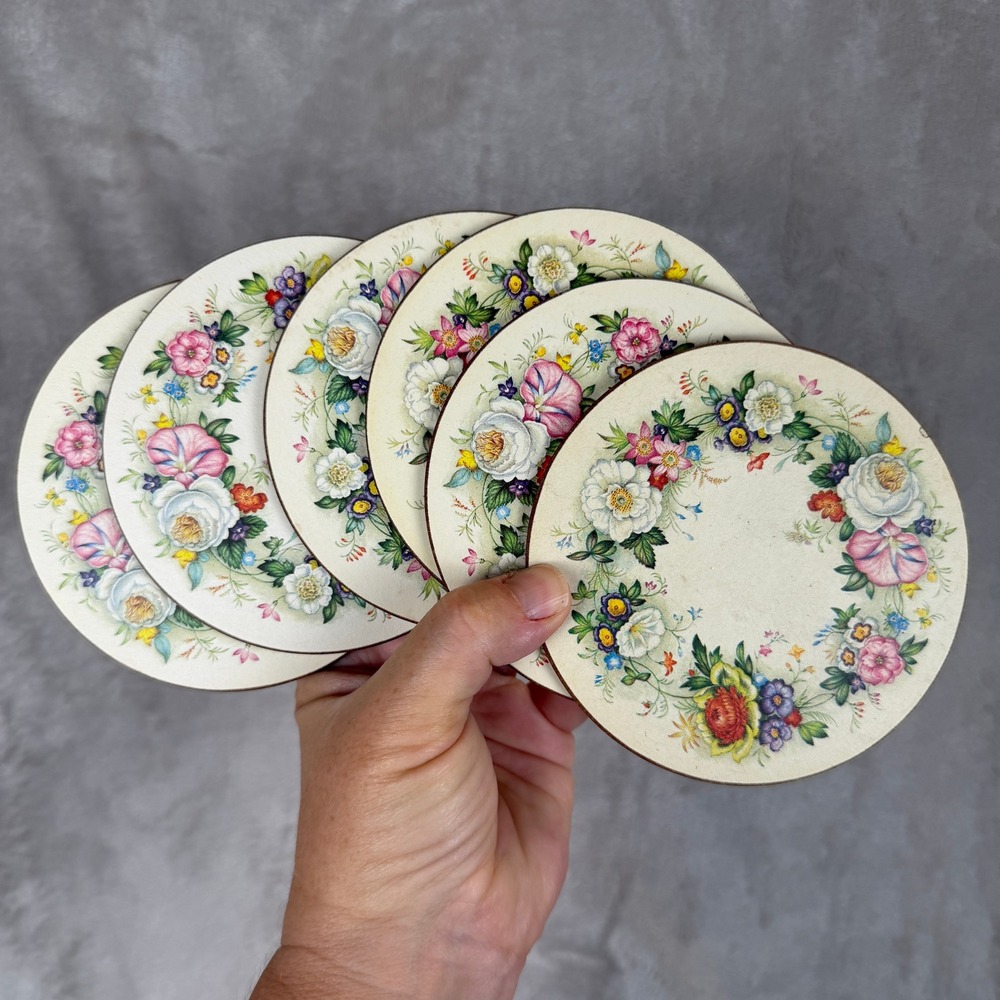 Vintage Pimpernel Floral Wreath Coasters Set of 6 Round Cork Made in England